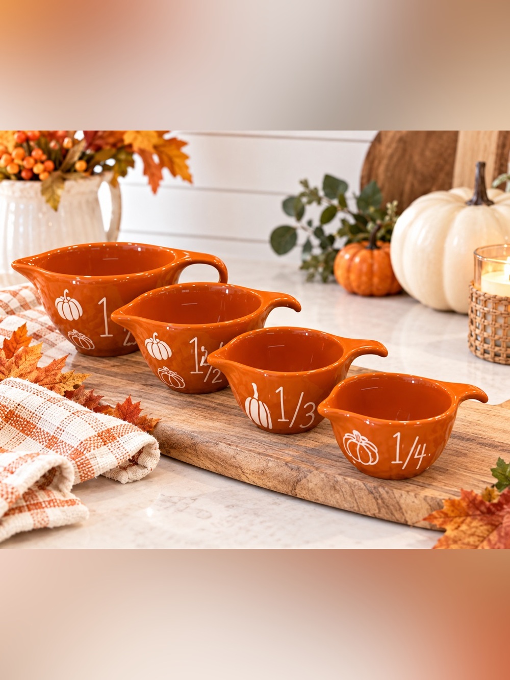NEW Rae Dunn Burnt Orange Heavy Ceramic Pumpkin Measuring Cups Set